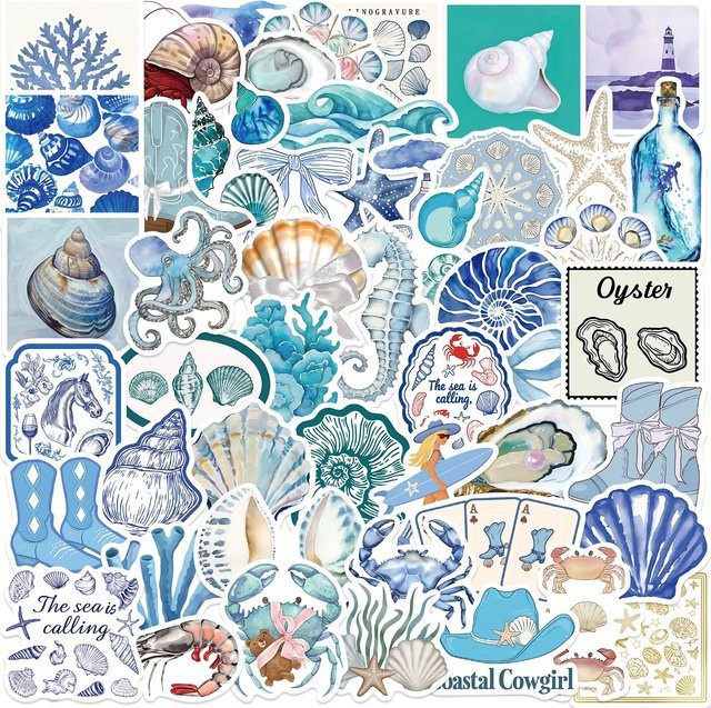 The Coastal Girl Aufkleber Set mit Kawaii Cartoon Motiven wie Muschel, Krabbe und Garnele in Multicolour für Skateboard, Notizbuch und Handy - Bild 1