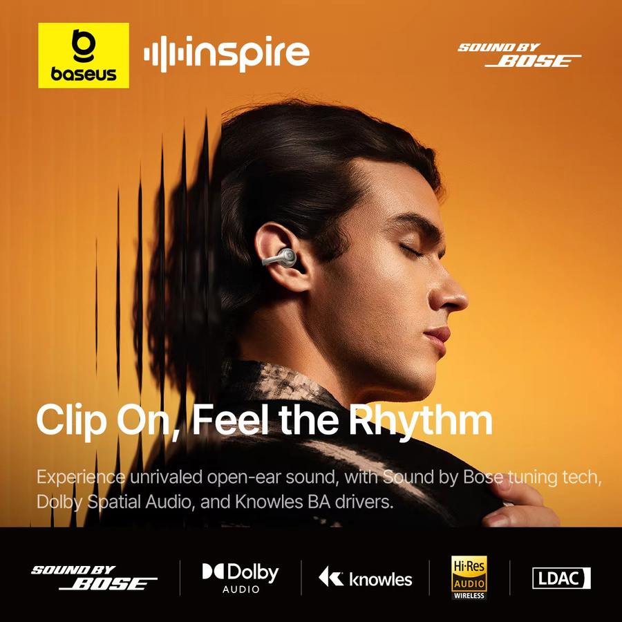 Baseus Inspire XC1 Sound by Bose Ohrclip-Kopfhörer, kabellose Bluetooth 6.1 Open-Ear-Kopfhörer im Ohrring-Design mit 4 Mikrofonen, Schwarz/Silber - Bild 2