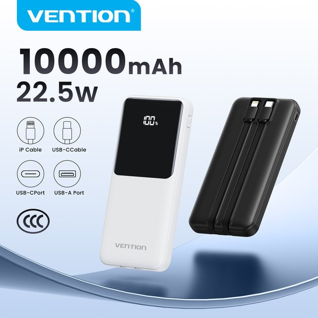 Vention Powerbank 10000mAh mit integriertem Kabel und 22,5W Schnellladefunktion für iPhone, Tragbares Ladegerät in Schwarz oder Weiß - Bild 1