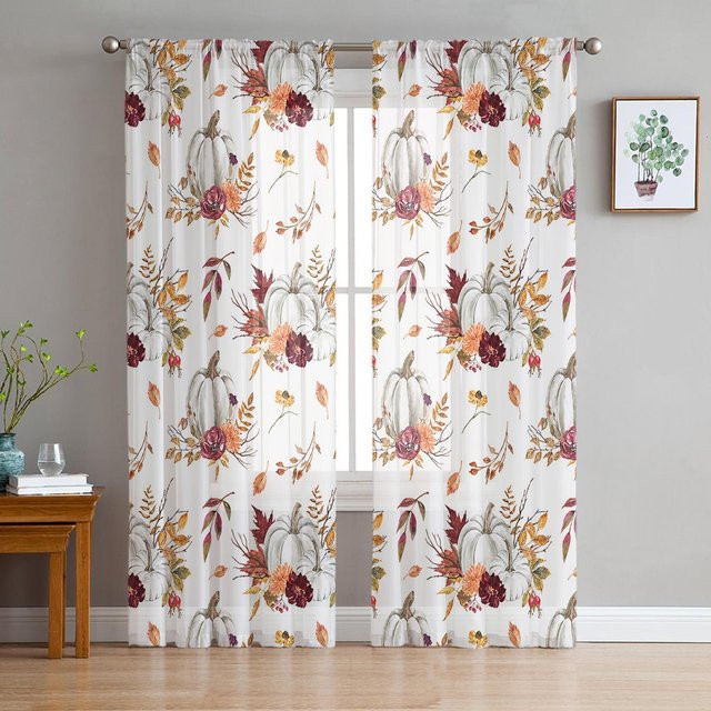 Yiran Furniture Thanksgiving Vorhang mit Kürbis und Ahornblatt Motiv, transparenter Tüll-Vorhang aus Organza in Weiß, Breite: 135 cm, Höhe: 115 cm - Bild 1