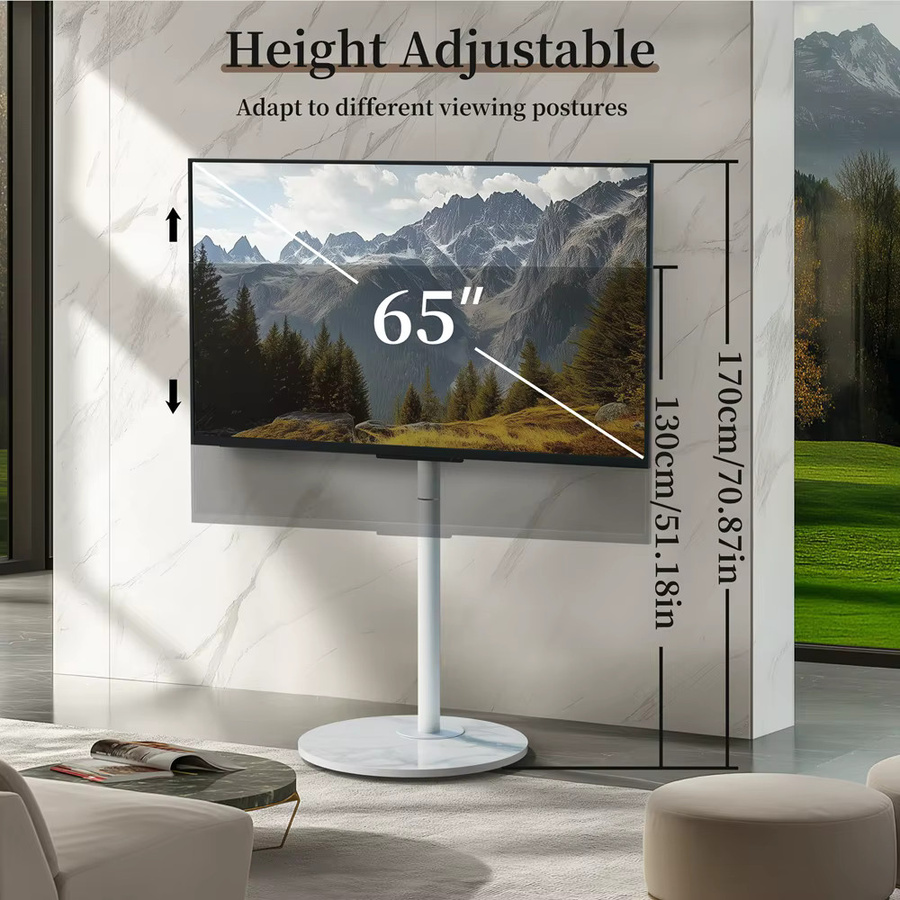 Moderner mobiler TV-Wagen von Unho in Weiß mit Steinsockel und Rollen für Fernseher von 40 bis 75 Zoll - Bild 2