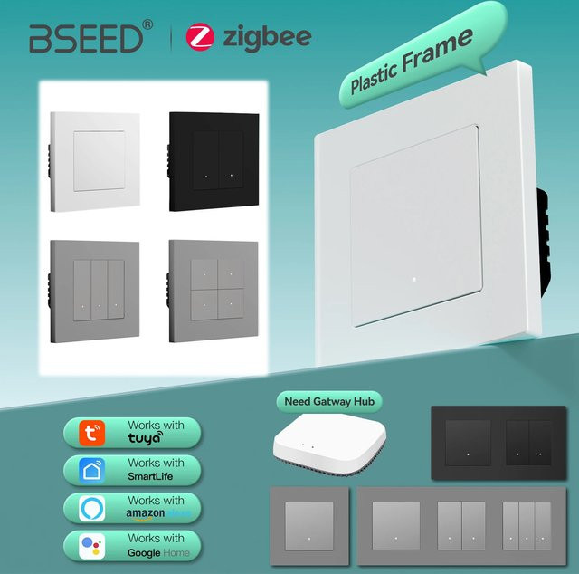 BSEED Zigbee Smart Lichtschalter E-Serie mit Tuya App Steuerung, 1/2/3/4 Gang Wand Schalter in Grau mit gelber Hintergrundbeleuchtung aus Kunststoff - Bild 1
