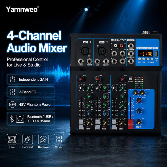 Yamnweo GH4 4-Kanal Mini-Audiomixer in Schwarz mit Bluetooth 5.0, USB MP3-Wiedergabe und Aufnahme, 3-Band-EQ und 48V Phantomspeisung - Bild 1