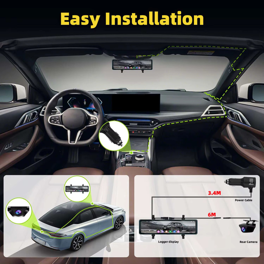 E-ACE 12 Zoll 4K UHD Dashcam mit CarPlay und Android Auto, WiFi, GPS, Bluetooth, FM-Transmitter und 1080P Rückkamera in Schwarz - Bild 5