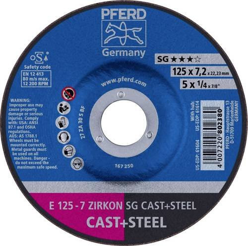 PFERD Schruppscheibe ZIRKON SG CAST+STEEL für Guss und Stahl, Durchmesser: 125 mm, Bohrungs-Ø: 22,23 mm, Farbe: Grau/Blau - Bild 1