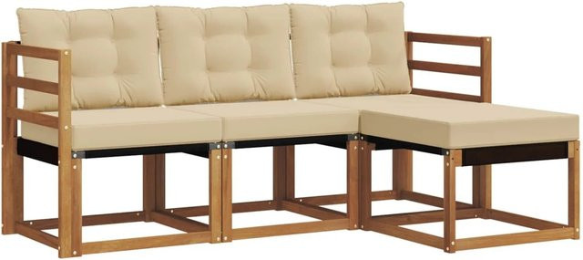 vidaXL Outdoor-Sofagarnitur 4-teilig L-Form aus Akazienholz mit Textilene und Kissen in Natur-Beige - Bild 1