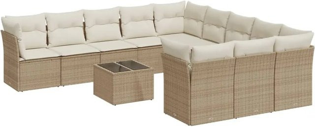 vidaXL 12-teilige Garten-Sofagarnitur in L-Form aus Poly-Rattan mit Tisch und Kissen in Beige-Creme - Bild 1
