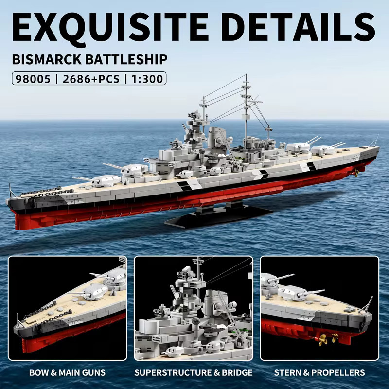 barweer Militärisches Schlachtschiff der Bismarck-Klasse, Klemmbausteine, 2686 Teile - Bild 2