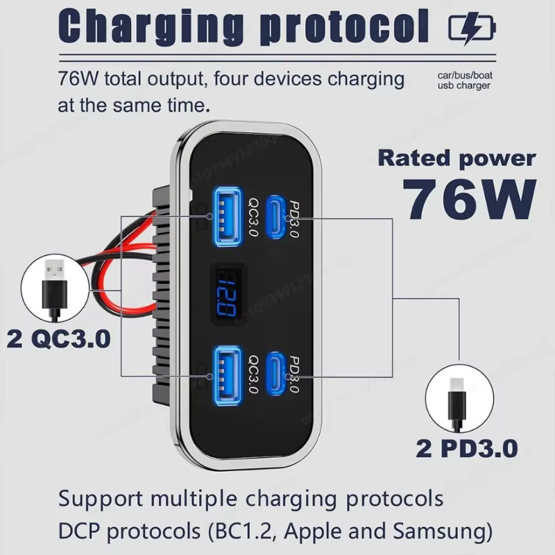 4-Port USB Ladegerät für Wohnmobile und Lkw mit Dual PD3.0 und Dual QC3.0 Buchsen, Schwarz, 12-24V - Bild 3