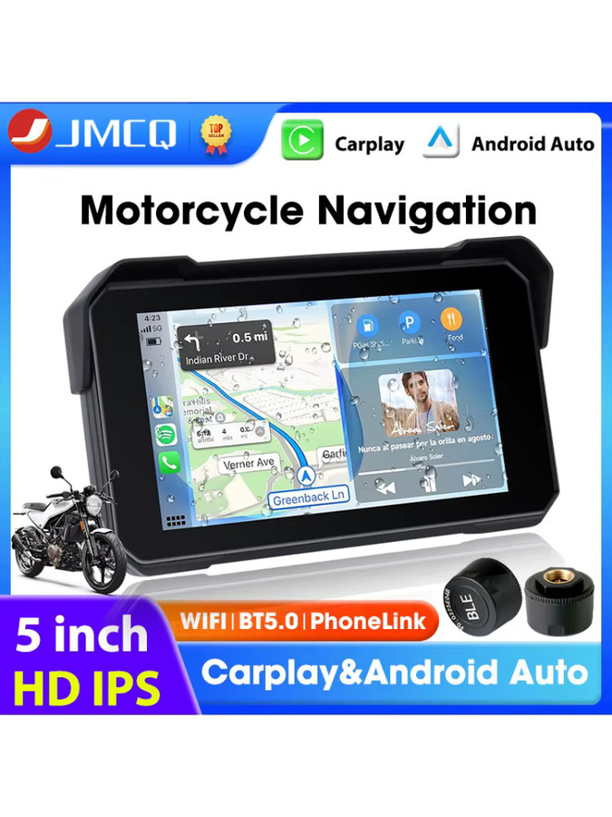 JMCQ 5-Zoll Motorrad-Navigation GPS mit Wireless CarPlay und Android Auto, IPX7 wasserdichtes Moto Monitor mit IPS-Display und Dual Bluetooth 5.0, Schwarz - Bild 7