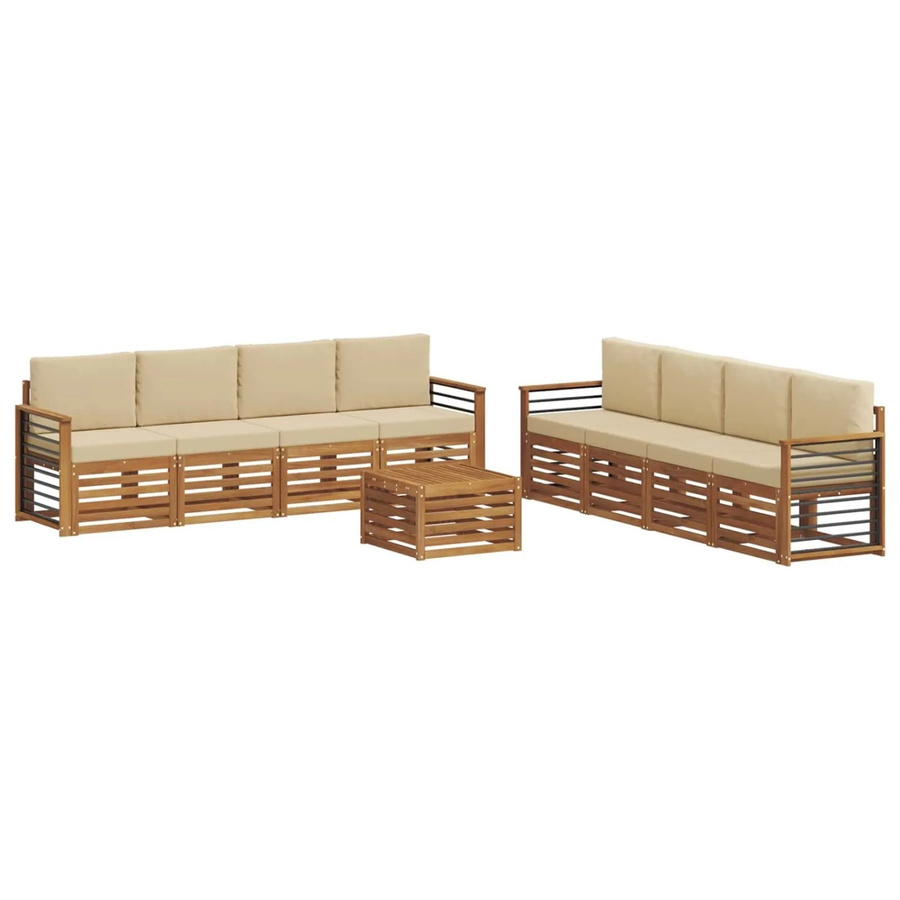 vidaXL Gartenmöbel Set 9-teilig aus Massivholz Akazie in Natur und Beige mit Tisch, Sesseln und Kissen im modernen Latten-Design - Bild 2