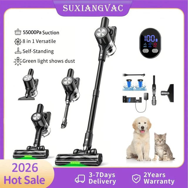 SUXIANGVAC Kabelloser Akku-Staubsauger in Schwarz mit 55kPa Saugkraft, 55 Min. Laufzeit, Anti-Verhedderungs-Technologie und Wandmontage-Ladestation - Bild 1