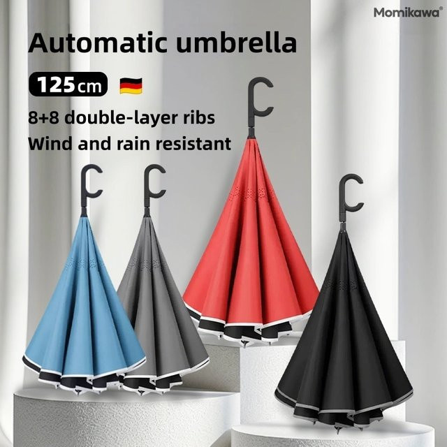 Momikawa Automatischer Windfester Regenschirm mit Langem Griff, Doppellagig und Verdickt, Blau und Schwarz - Bild 1