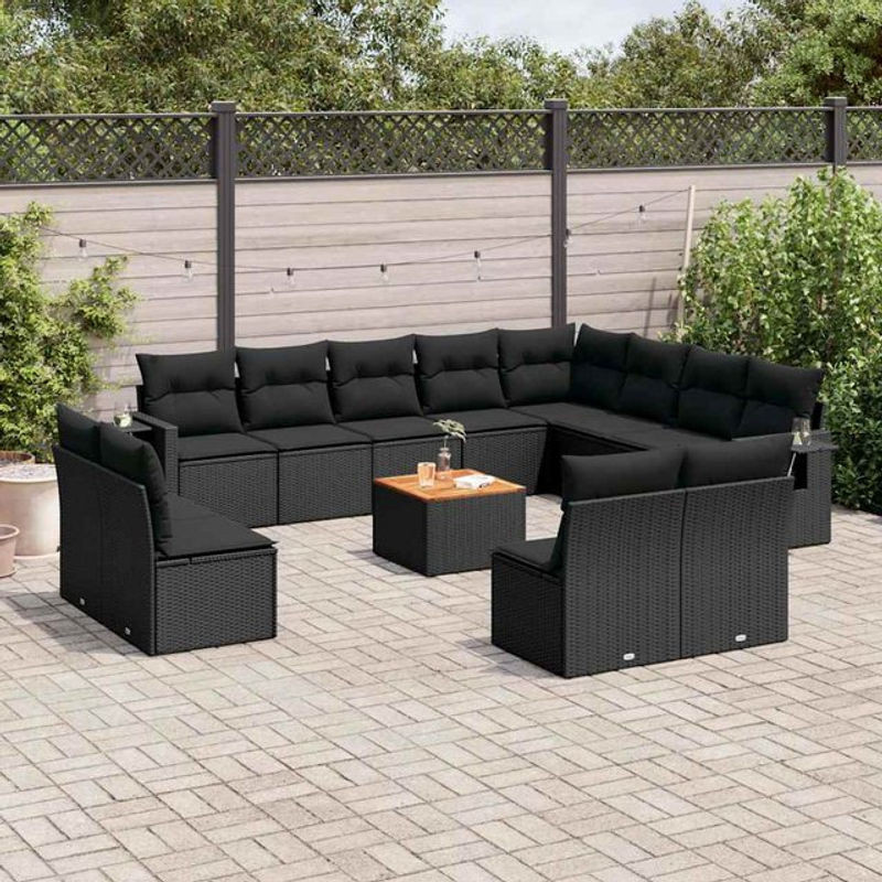 Vidaxl Gartenmöbel-Set aus Polyrattan und Akazie mit Kissen, 13-teilig, Schwarz - Bild 1