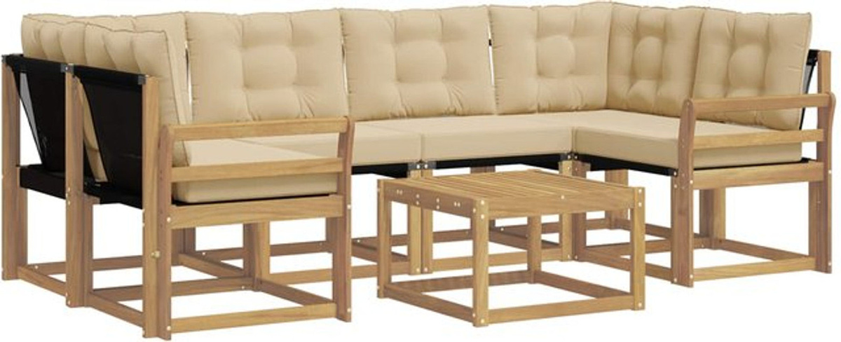 Modernes 7-teiliges Outdoor-Sofagarnitur Loungemöbel Set von vidaXL aus Akazie und Stoff in Weiß und Beige - Bild 1