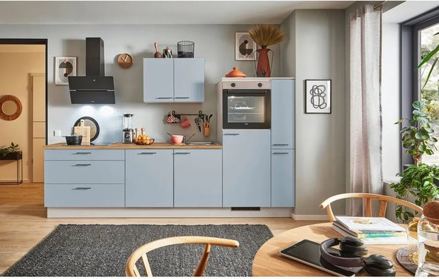 pino Küchenzeile Pastellblau mit Anschlag rechts, 1 Geräteplatz und 1 Seitenschrank, Breite: 310 cm - Bild 1
