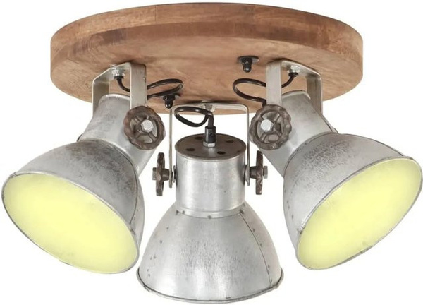 vidaXL Deckenlampe im Industriestil aus Eisen und massivem Mangoholz, Farbe: Silber und Braun, E27, B: 42 cm, T: 27 cm, H: 27 cm