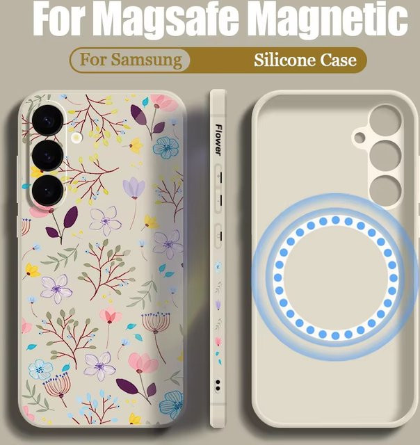 Magnetische MagSafe Handyhülle mit Blumenmuster für Samsung Galaxy S26 S25 S24 S23 Ultra Plus FE in Beige - Bild 1