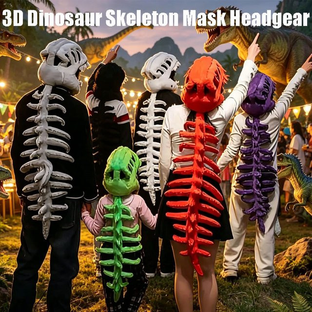 trebalena Dinosaurier-Skelett-Maske, Kopfbedeckung, Plüsch / Textil, Weiß - Bild 1