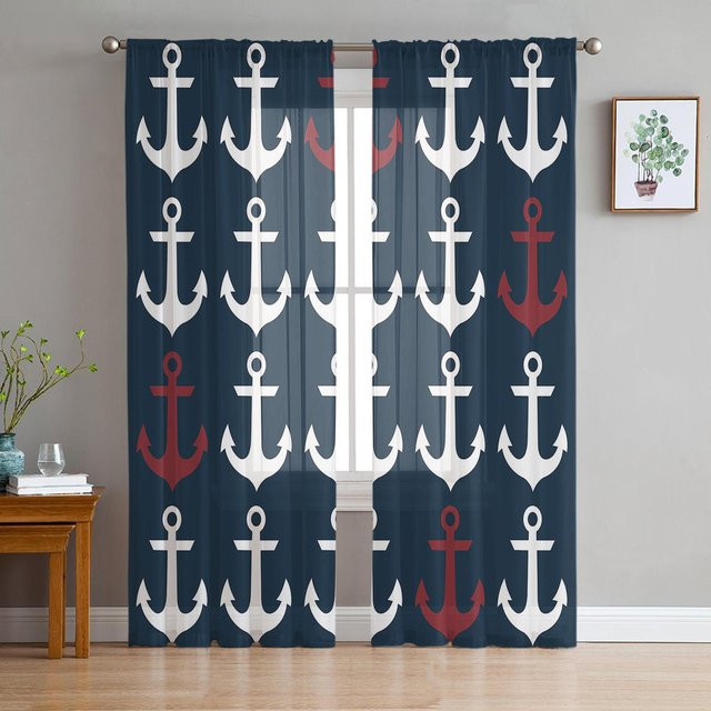 Transparente Vorhänge mit nautischem Anker-Motiv in Dunkelblau und Transparent, Organza-Tüll-Fenstervorhänge für Wohnzimmer und Küche, Breite: 135 cm, Höhe: 137 cm - Bild 1