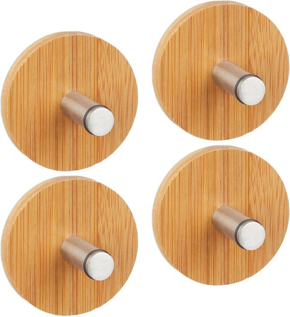 Relaxdays Handtuchhaken aus Bambus und Edelstahl in Natur und Silber, 4er Set, selbstklebend, Breite: 6 cm, Tiefe: 4,5 cm - Bild 1