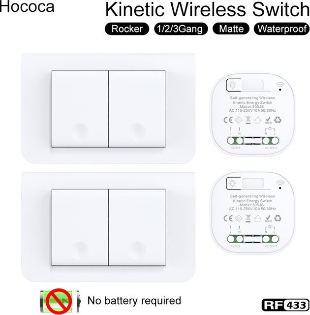 Hococa Kinetischer drahtloser Schalter in Weiß, wasserdicht und batteriebetriebslos mit Rebound-Funktion - Bild 1