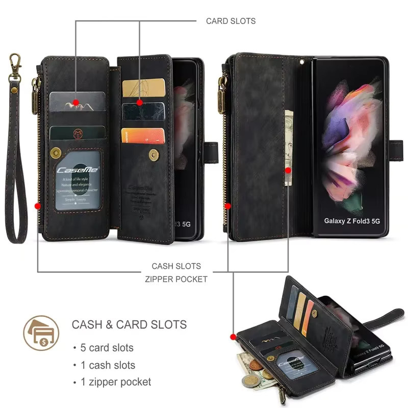 Business Flip Leder Handyhülle mit Reißverschluss und Wallet Card Cover für Samsung Galaxy Z Fold 7 6 5 4 sowie S25 Ultra S24 FE S23 S22 S21 S20 Plus in Rot und Braun - Bild 2