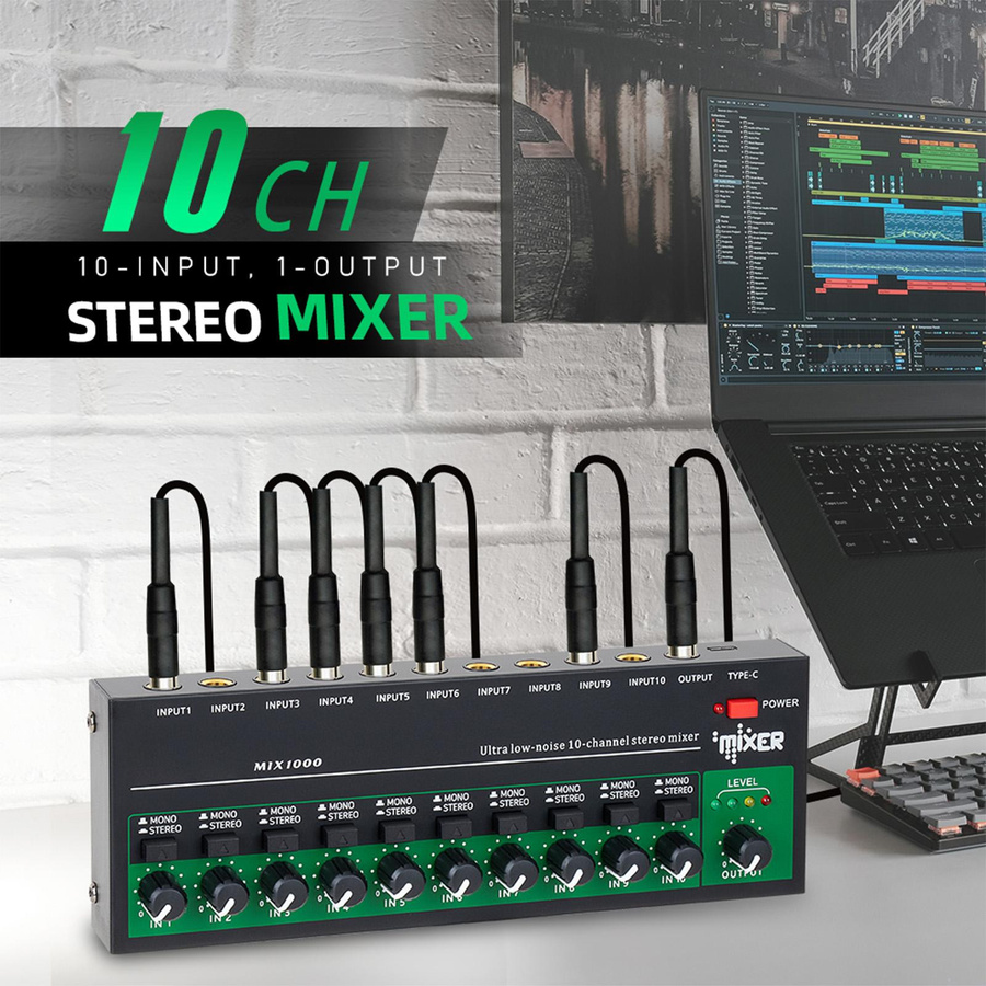 Andoer 10-Kanal Audio Mixer Stereo Mono Line Mixer mit USB-C und Metallgehäuse in Schwarz - Bild 7