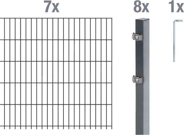 Metallzaun Grund-Set Doppelstabmatte aus Stahl feuerverzinkt in Silber, Breite: 7 m, Höhe: 1,2 m - Bild 1