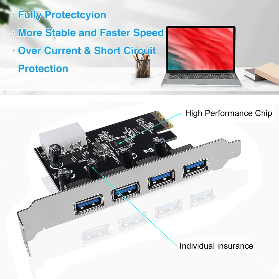 Kebidumei USB 3.0 PCI-E Erweiterungskarte mit 4 Ports, 5Gbps USB 3.0 Controller PCIe-Adapter, Schwarz - Bild 2