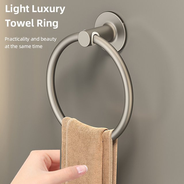 FALANGSHI Badezimmer-Handtuchhalter aus Aluminium in Grau, Wandhalterung mit rundem Handtuchring FR1054, selbstklebend - Bild 1