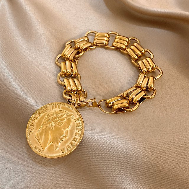 Greatera Armband, Porträt-Münzen-Anhänger, Edelstahl, Gold, Damen, Punk-Stil - Bild 1