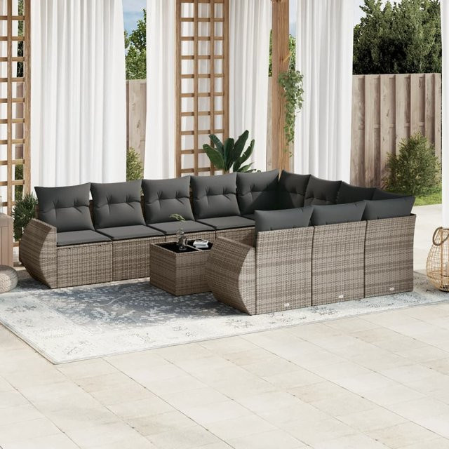 vidaXL 11-teiliges Garten-Sofagarnitur-Set aus PE-Rattan mit Kissen, Grau - Bild 3