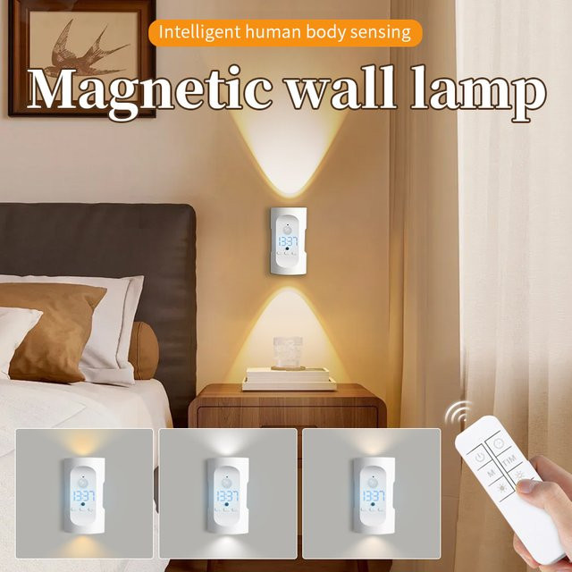 GGBEE Magnetische LED-Wandleuchte in Weiß mit Bewegungssensor und Fernbedienung, Wiederaufladbare Doppelkopf-Nachtbeleuchtung für Treppen und Flure - Bild 1