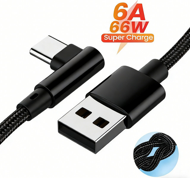 USB-C auf Typ-C Schnelllade-Datenkabel mit 66W und 6A, Winkel-Ladekabel in Rot oder Schwarz - Bild 1