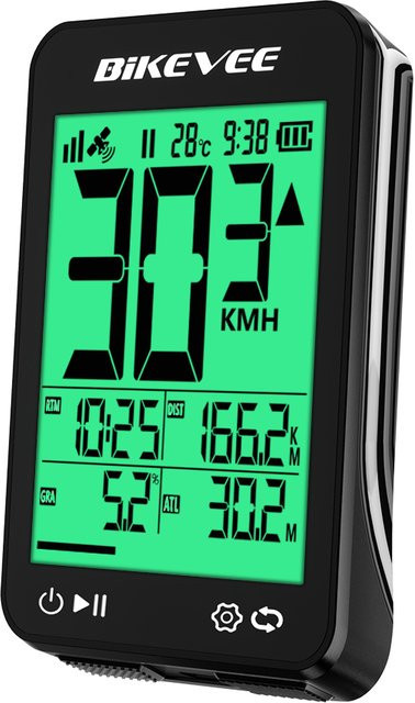 Bikevee GPS-Fahrradcomputer mit LCD-Digitalanzeige und grüner Hintergrundbeleuchtung in Schwarz-Grün - Bild 1