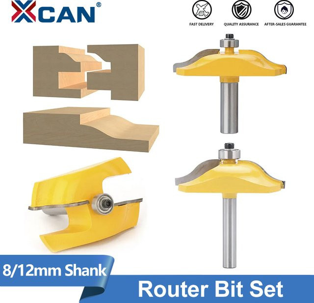 XCAN 3-teiliges Fräser-Set für Holzbearbeitung mit römischem Ogee-Stil und Schiene, Schaftdurchmesser 8 mm und 12 mm, gelb - Bild 1