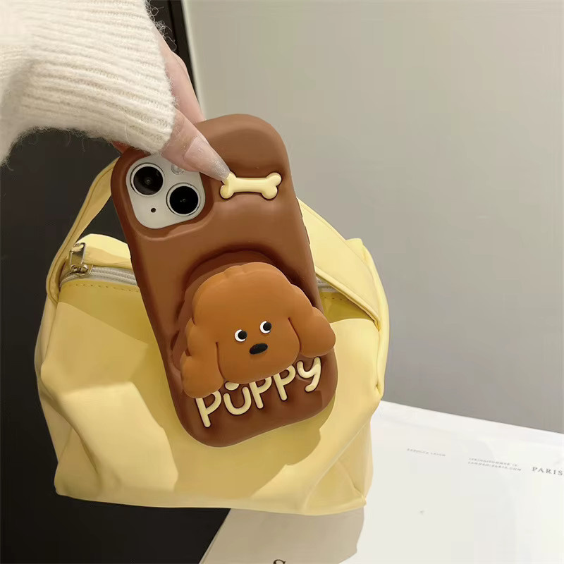 MUQGEW Silikon-Handyhülle mit Cartoon-Teddy-Welpen-Design und Teleskopfunktion für iPhone 16, 15, 14, 13, 12 Pro Max, braun - Bild 4