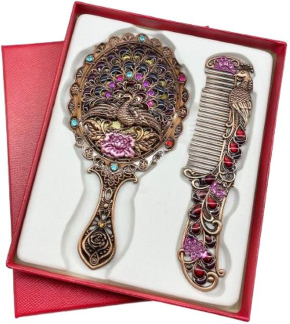 Jinmeige Tragbares Kosmetik-Spiegel-Kamm-Set im Vintage Art Nouveau Design, Gold, mit Pfauen-Prägung und Metallgriff - Bild 1