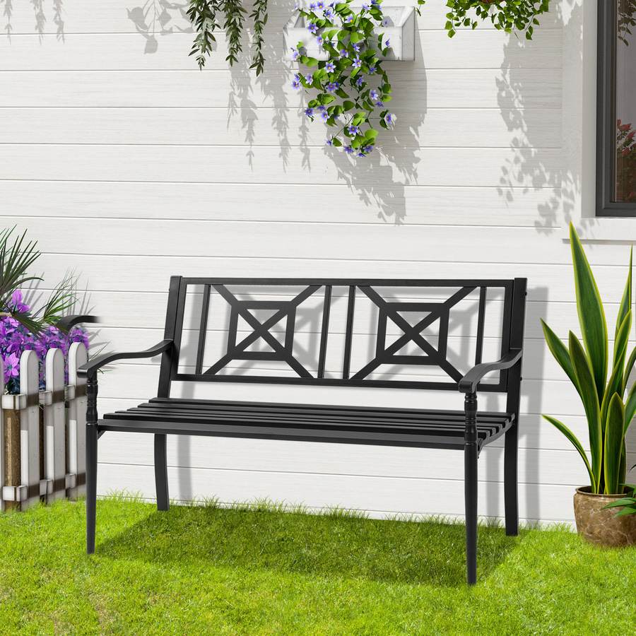 Outsunny Gartenbank aus Stahl für 2 Personen mit hoher Rückenlehne und Armlehnen, Schwarz, B/T/H: 128 x 62,5 x 81,5 cm - Bild 2