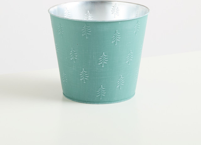 Zink Gefäß von BLUME2000 in Mint mit gestanzten Tannenbäumen, Höhe: 21 cm, Breite: 18 cm, Tiefe: 21 cm - Bild 1