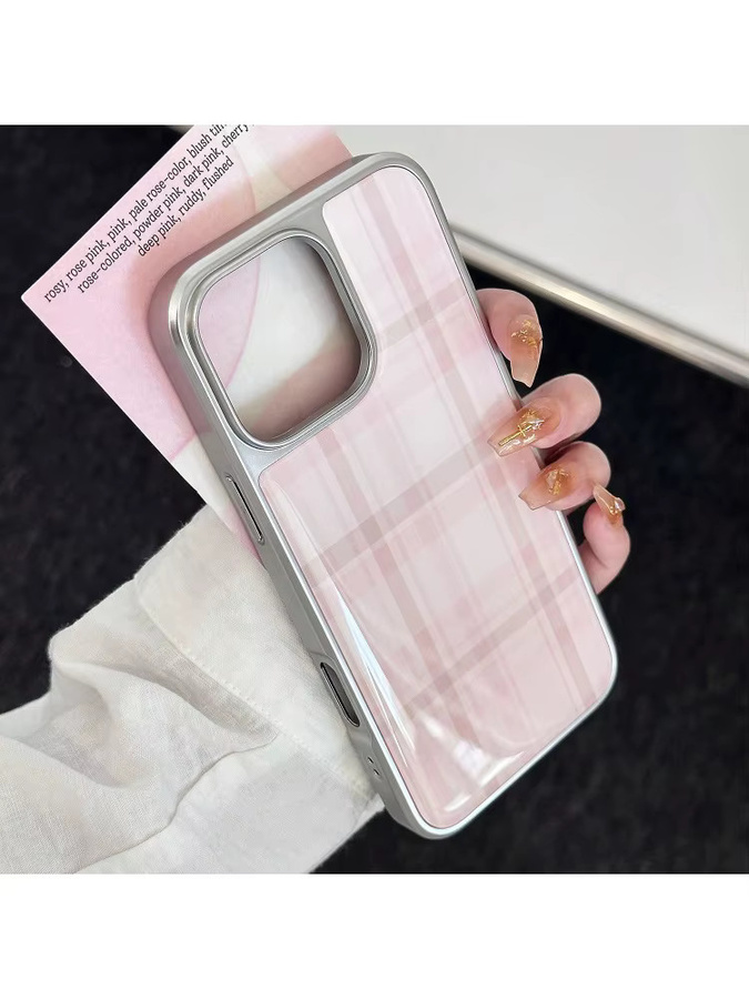 INS Retro Handyhülle aus TPU mit Plaid-Muster und silbernem Rand für iPhone XR bis iPhone 17 Pro Max in Rosa - Bild 3