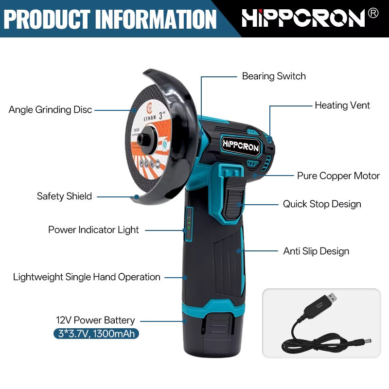 Hippcron 12 V Winkelschleifer als Polier- und Schleifwerkzeug mit Lithium-Batterie und USB-Aufladung, Schwarz, 19500 U/min - Bild 4