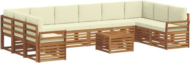 vidaXL Sofagarnitur 11-teilig in U-Form aus Massivholz Akazie in Natur und Creme mit Polsterung und Armlehnen - Bild 1