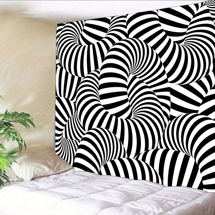 VIKAMA Wandteppich mit geometrischer optischer Täuschung in Schwarz und Weiß, minimalistischer Streifen-Look für dein Wohnzimmer - Bild 2