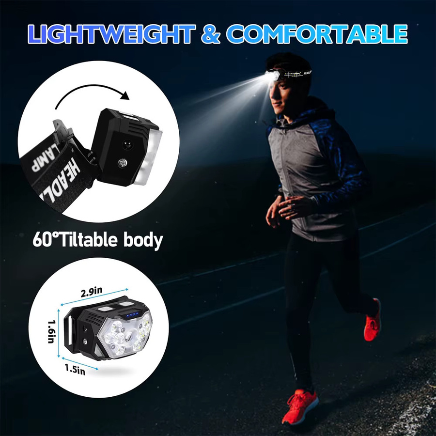 XIWANGFIRE 9 LED-Stirnlampe in Schwarz mit Bewegungssensor, USB-wiederaufladbar und IPX4 wasserdicht für Outdoor, Camping und Arbeit - Bild 5
