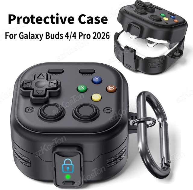SZKOSTON Silikon-Schutzhülle für Galaxy Buds 4/4 Pro, robuste Hartschale mit Sicherheitsverschluss und Schlüsselanhänger, Schwarz/Grün - Bild 1