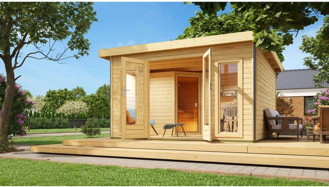 Karibu Saunahaus Magnus 3 Set aus Fichte in Natur mit 9 kW Bio Ofen und externer Steuerung - Bild 1