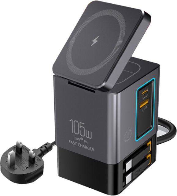 ILEPO 6 in 1 GaN Magnetischer kabelloser Ladeständer 105 W Desktop-Dockstation mit 15 W Schnellladefunktion für iPhone 16 15 14 13 und AirPods in Schwarz - Bild 1