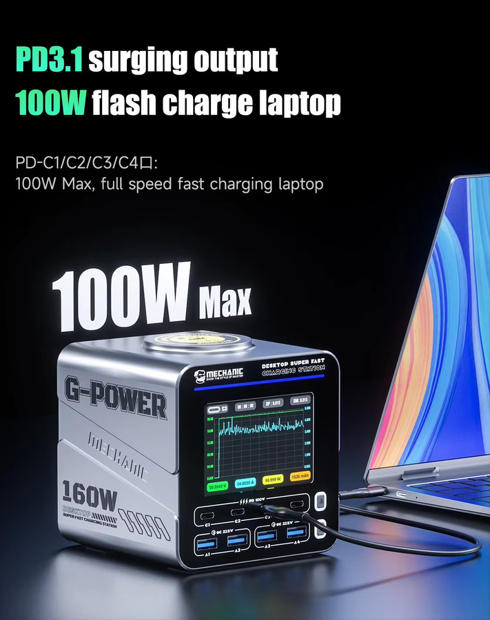 MECHANIC G-Power 160W GaN Desktop-Ladestation mit 15W Wireless-Schnellladefunktion und Digitalanzeige in Schwarz - Bild 2